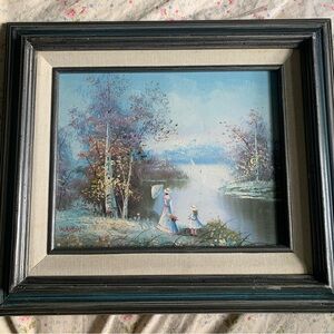 Vintage Landscape Painting with Mother and Daughter